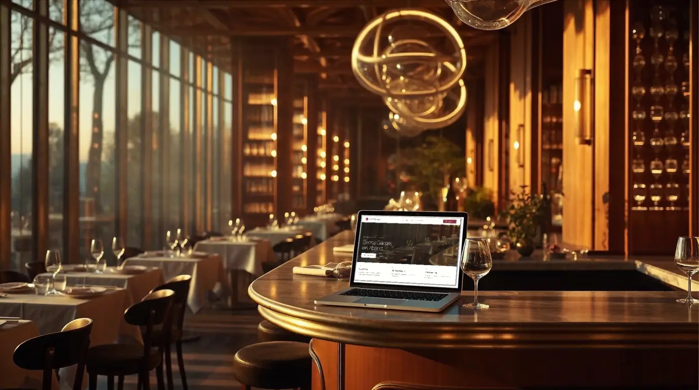 Restaurant am Abend, auf dem Laptop die fertige Website des Restaurants