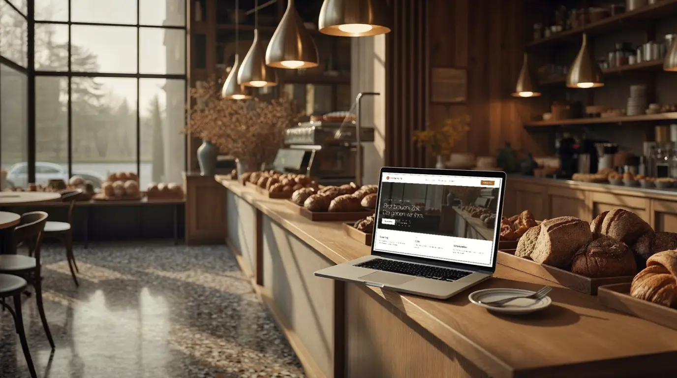 Bäckerei mit Café, auf dem Laptop die fertige Website der Bäckerei