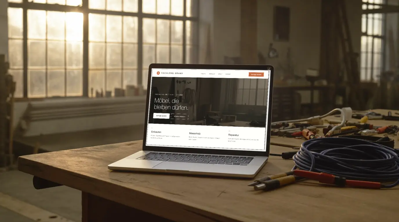 Werkbank einer Tischlerei, auf dem Laptop die fertige Website der Tischlerei