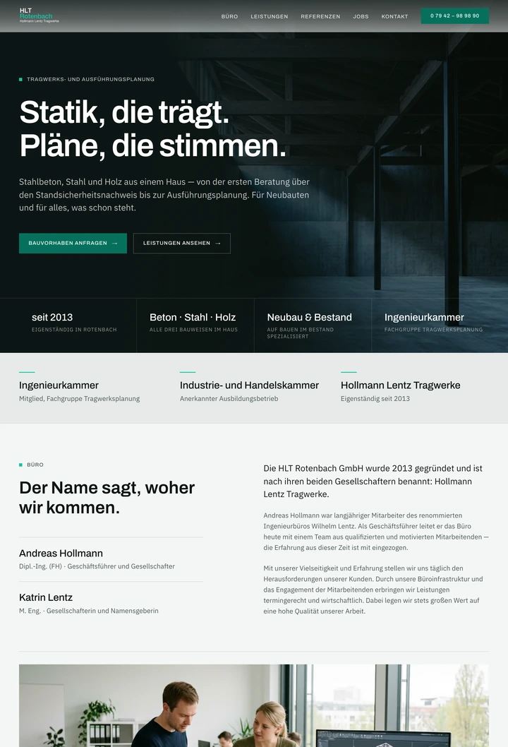 Startseite eines Ingenieurbüros für Tragwerksplanung mit der Überschrift „Statik, die trägt. Pläne, die stimmen."